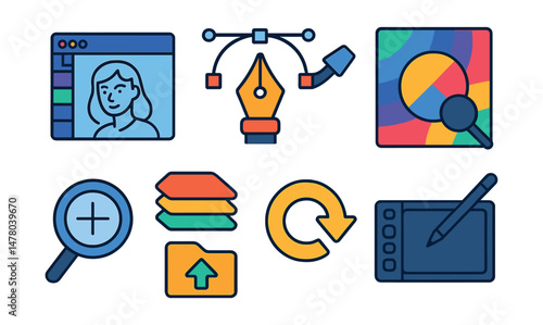 Isometric flat vector set of illustrations of digital drawing process: sketch layer, pen tool, layers palette, color picker, zoom tool, undo arrow, export file, tablet with stylus.
