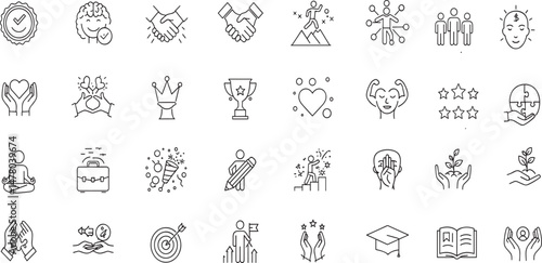 Core Values Line Editable Icons set. Vector illustration in modern thin line style of beliefs related icons: happiness, work, community, and more.