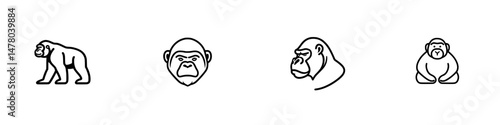 Vector illustration of diverse gorilla icons showcasing various poses and expressions with a minimalist design approach