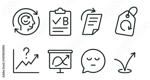 Line style icons of adaptability and flexibility: change-friendly mindset badge, plan B icon, shift with flow file, “try again” tag, handle uncertainty chart, reframe setback board, stay calm under