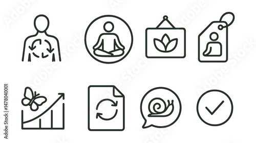 Line style icons of mindfulness and focus: breathing pattern icon, present moment badge, quiet space board, guided pause tag, mindful transition chart, reset before task file, slow and steady bubble,
