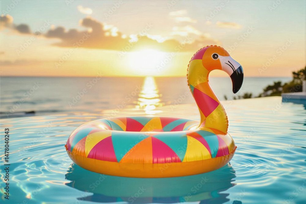 Obraz premium A vibrant, inflatable flamingo float rests serenely in a pool, silhouetted against a warm sunset over the ocean.