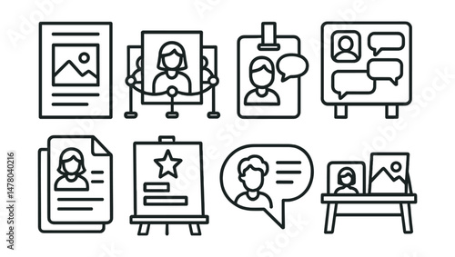 Line style icons of showcasing student work: exhibition flyer icon, class gallery badge, peer presentation tag, feedback wall board, project story file, celebration corner chart, panel pitch bubble,