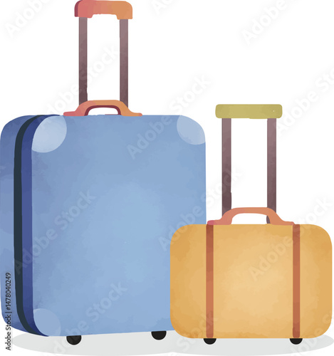 Travel luggage in watercolor style illustration. Blue and brown suitcase for traveling cartoon hand drawn doodle. For asset, graphic element, design, tour