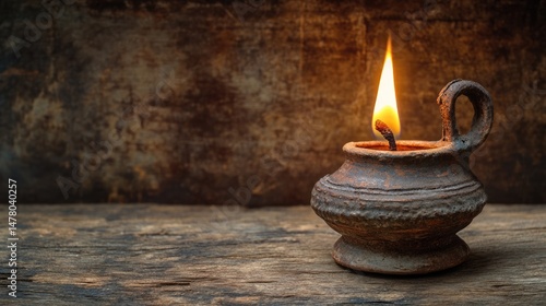 Burning oil lamp in clay pot on rustic wood