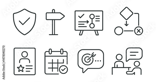 Line style icons of student agency and voice: choose the topic badge, lead your path tag, plan with purpose board, decision-making chart, voice in vision file, co-create calendar icon, self-assigned