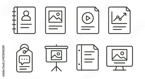 Line style icons of documentation and portfolios: learning portfolio icon, photo log badge, video reflection file, page of progress chart, class blog tag, display panel board, evidence binder symbol,