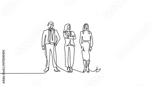 Continuous Line Animation. Business People Standing. Office Workers Team. Professional Corporate Video.