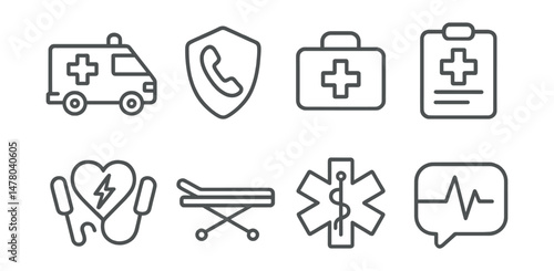 Line style icons of emergency medical care: ambulance icon, emergency call badge, trauma kit tag, first response file, defibrillator board, emergency stretcher chart, paramedic symbol, crisis