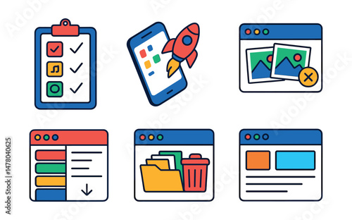 Isometric flat vector set of illustrations of digital declutter process: app review checklist, storage cleaner, duplicate finder, tab organizer, file cleanup tool, notification filter, reset