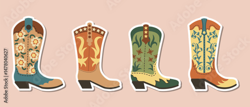 Set of cowboy and cowgirl boots stickers in flat style. Fun and colorful western-themed illustrations featuring different boot designs, ideal for planners, scrapbooks, stationery, or themed crafts.