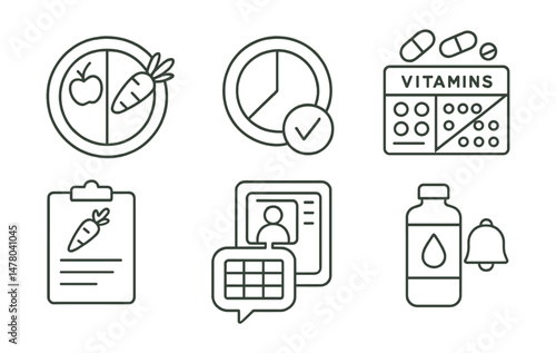 Line style icons of nutrition and dietary advice: balanced plate icon, portion control badge, food log file, vitamins tracker board, allergy guide chart, dietitian session tag, meal plan bubble,