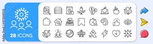 Eco food, Inspect and Organic tested line icons. Interest rate, AI generate, Inflation icons. Pack of Power, Vitamin, Laptop icon. Timer, Sharing economy, Yoga pictogram. Vector