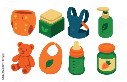 Isometric flat vector set of illustrations of eco baby care: cloth diaper, bamboo wipes, baby carrier, natural lotion, secondhand toy, organic bib, eco bottle, glass food jar.