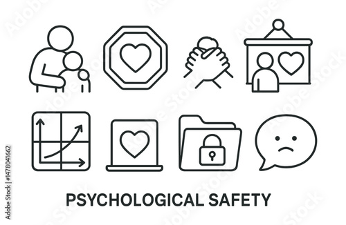 Line style icons of psychological safety: trusted adult icon, safe space badge, break from conflict tag, supportive presence board, emotional zone chart, “you’re safe here” card, confidentiality file