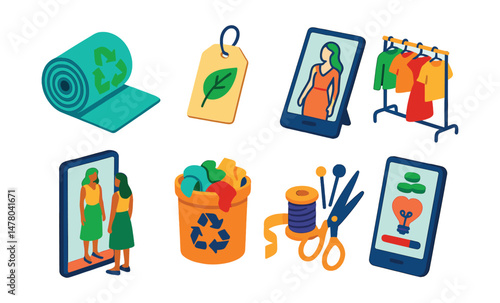 Isometric flat vector set of illustrations of eco fashion startup: recycled fabric roll, sustainable label, fashion sketch, secondhand rack, digital fitting room, textile waste bin, sewing tools,
