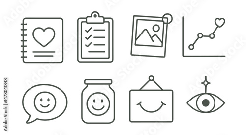Line style icons of gratitude and positivity: daily gratitude icon, good things list badge, photo memory tag, positive moment tracker chart, compliment bubble, joy jar file, “smile today” board,