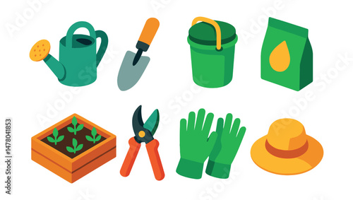 Isometric flat vector set of illustrations of backyard gardening tools: watering can, hand trowel, compost bucket, seed packet, raised bed, pruning shears, garden gloves, sun hat.
