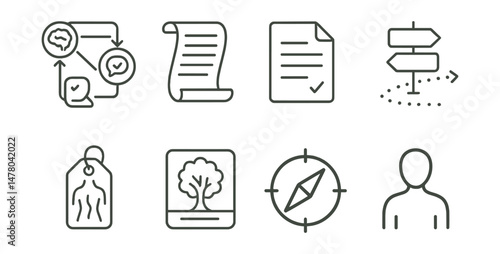 Line style icons of types of therapy: CBT diagram icon, narrative therapy scroll badge, DBT worksheet file, EMDR path chart, somatic process tag, psychodynamic tree board, ACT values compass,