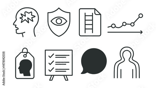 Line style icons of inner work and reflection: inner critic voice icon, safe visual space badge, emotion ladder file, memory timeline chart, shadow journal tag, value statements board, identity