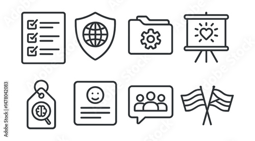 Line style icons of inclusive and affirming practice: pronouns form icon, cultural safety badge, neurodiverse needs file, affirming care board, trauma-informed lens tag, non-judgmental space chart,