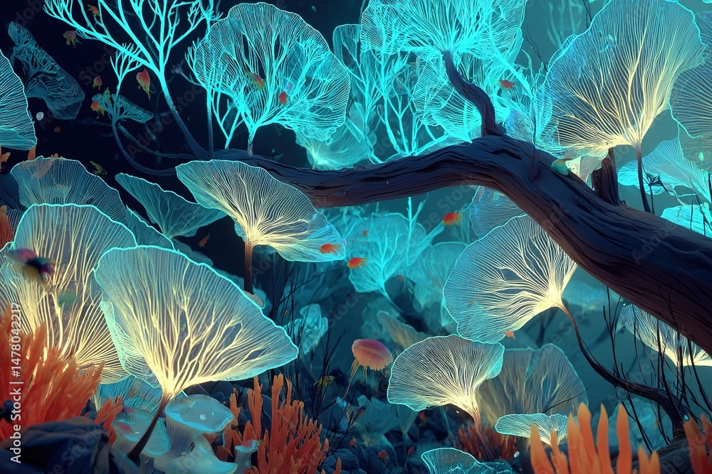 Obraz premium Glowing mushrooms illuminate an underwater landscape with vibrant coral during twilight hours