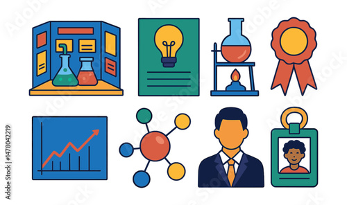 Isometric flat vector set of illustrations of school science fair: experiment display, hypothesis board, award ribbon, demo table, data graph, science model, judge icon, student badge.