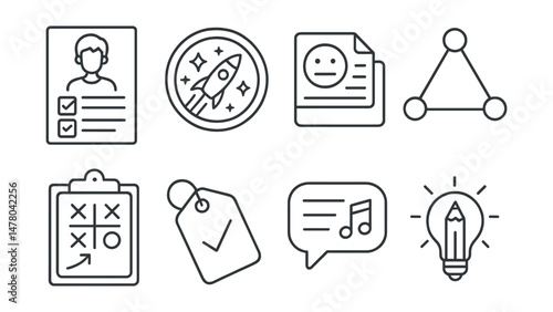 Line style icons of teen-centered therapy: age-appropriate form icon, pop culture metaphor badge, visual check-in file, trusted adult triangle board, interactive tool chart, “what works for me” tag,
