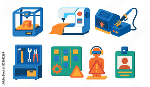 Isometric flat vector set of illustrations of community makerspace: 3D printer, sewing machine, laser cutter, soldering station, tool library, maker project board, safety zone, member badge.