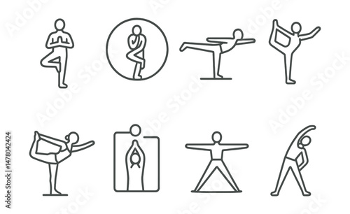 Line style icons of balance and standing poses: tree pose icon, eagle wrap badge, warrior III tag, extended hand-to-foot chart, dancer’s balance board, mountain and arms file, wide leg stance bubble,