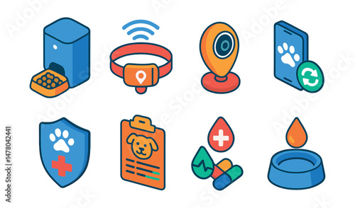 Isometric flat vector set of illustrations of smart pet tech: automatic feeder, GPS collar, health tracker, pet cam, app sync icon, vet alert, behavior report, hydration reminder.