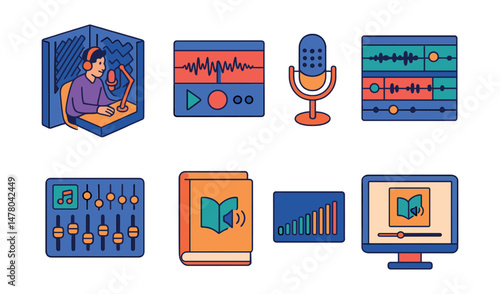 Isometric flat vector set of illustrations of audiobook creation: recording booth, chapter track, narrator mic, edit timeline, background music mixer, audiobook cover, sound meter, publishing