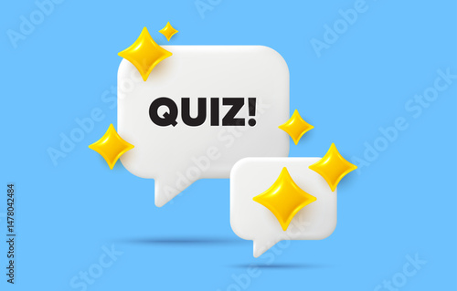 Quiz chat speech bubble. Social media concept. Quiz tag. Answer question sign. Examination test symbol. 3d sparkles chat bubble. Vector