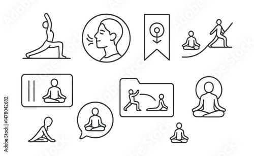 Line style icons of yoga for mindfulness: slow flow icon, breath by breath badge, anchor to now tag, moving with attention chart, pause between shapes board, mindful transitions file, intention