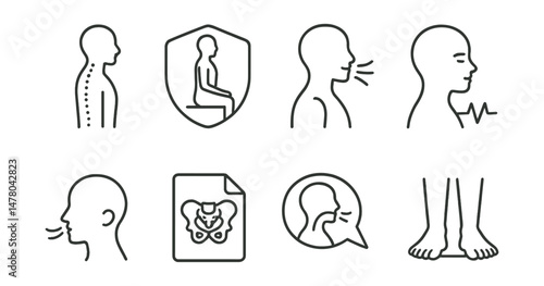 Line style icons of breath and posture: upright spine icon, seated alignment badge, open chest tag, relaxed jaw chart, breath through nose board, pelvis in neutral file, supported breath bubble, feet