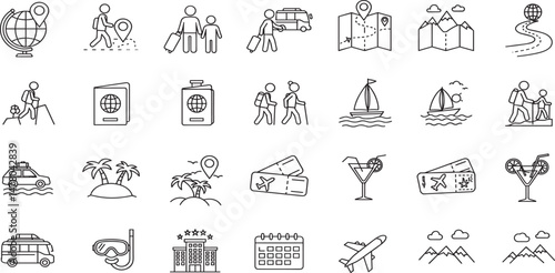 Vacation Line Editable Icons set. Vector illustration in modern thin line style of travel related icons: tourism, voyage, bus trip, and more.