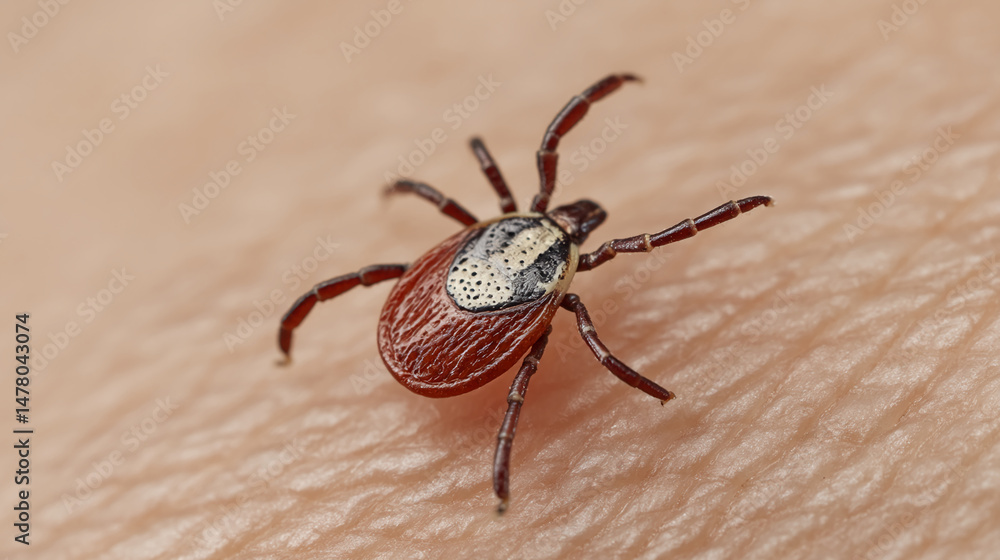 Close-up of brown tick on skin, showcasing its segmented body and legs, representing a health concern and the need for preventative measures Close-up of brown tick on skin, showcasing its segmented body and legs, representing a health concern and the need for preventative measures