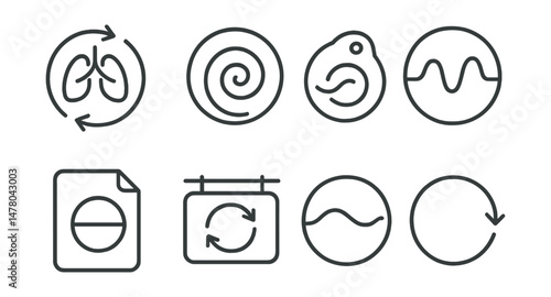Line style icons of cyclical breathing: inhale-exhale loop icon, spiral breath badge, round rhythm tag, breath as wave chart, breath as circle file, natural flow board, breath cycle visual bubble,