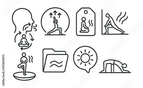 Line style icons of breath in yoga practice: breath cue with asana icon, inhale in warrior badge, pose + breath tag, flow with exhale chart, breath for balance board, ujjayi file, sun breath bubble,