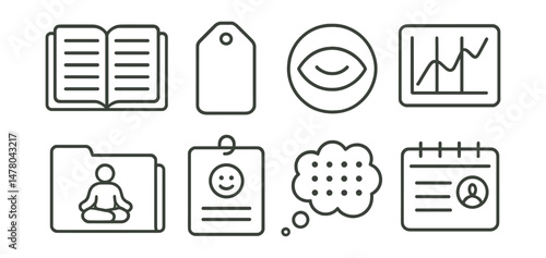 Line style icons of meditation journal and reflection: daily entry icon, check-in tag, what I noticed badge, reflection tracker chart, visual thought log file, mood after session board, dot for each