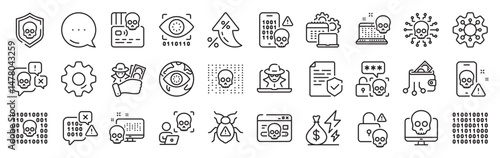 Cyber attack line icons. Settings gear, Message, Inflation icons. Phishing risk, Data ransomware, Binary code. Hacker attack, Virus secure, Malware bug outline icons. Vector
