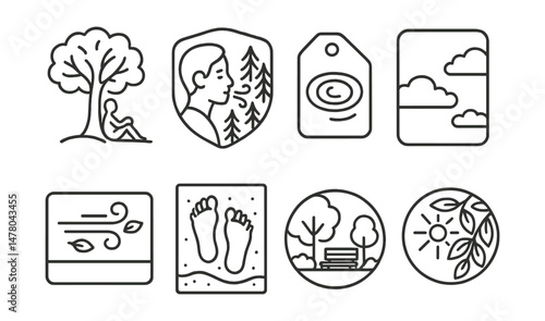 Line style icons of nature-based relaxation: sit under tree icon, breath in forest badge, water ripple tag, watch clouds file, gentle breeze board, sand and feet chart, quiet park bubble, sun through