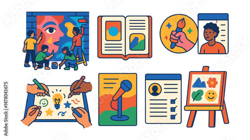 Isometric flat vector set of illustrations of teen-led art collective: shared mural wall, digital zine icon, creativity badge, artist bio card, collaborative sketch pad, event flyer, grant form,
