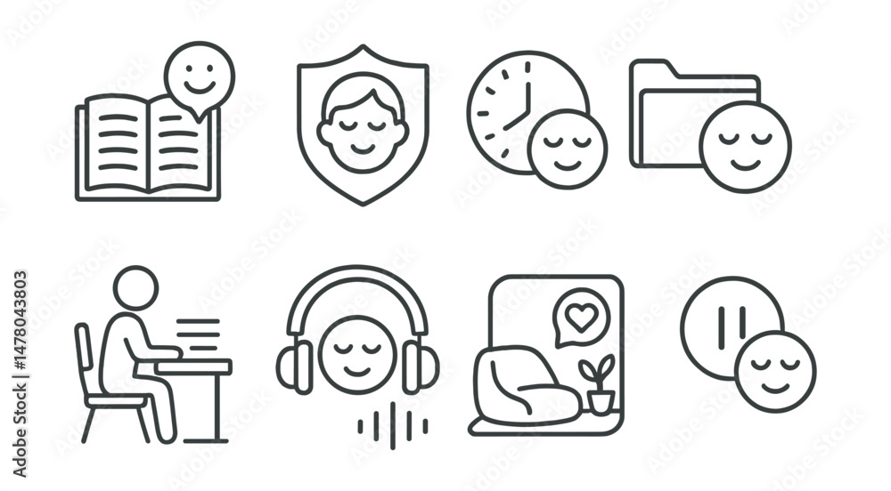Line style icons of relaxation for school stress: break in study icon, test calm badge, rest between classes tag, relax after school file, body scan at desk board, soft sound in headphones chart, Line style icons of relaxation for school stress: break in study icon, test calm badge, rest between classes tag, relax after school file, body scan at desk board, soft sound in headphones chart,