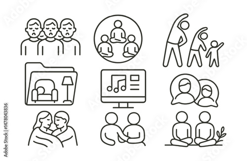 Line style icons of shared relaxation: group breath icon, relax circle badge, family stretch tag, soft room file, relaxing playlist board, quiet chat chart, blanket share bubble, peaceful moment