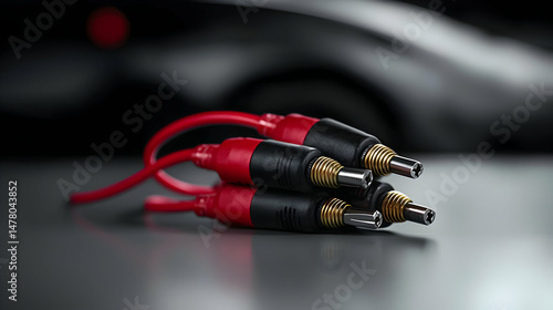 Close-up of several red and black electrical connectors.  A cluster of automotive-style connectors rest on a surface, with blurred background of a modern vehicle
