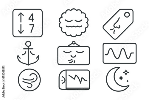 Line style icons of sleep and breathwork: 4-7-8 breath icon, slow rhythm badge, inhale for calm tag, breath anchor file, exhale tension board, bedtime breath chart, sigh and release bubble, night