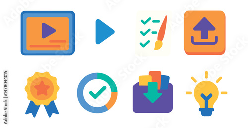 Isometric flat vector set of illustrations of self-paced creative courses: class module icon, start lesson button, creative task list, upload project area, peer critique badge, course completion ring