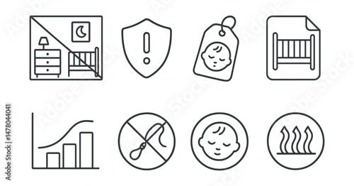 Line style icons of safe sleep space: clutter-free room icon, hazard-free badge, baby safe sleep tag, crib setup file, sleep surface chart, no cords board, sleeping zone bubble, breathable material