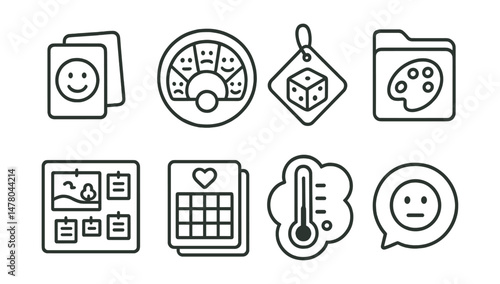 Line style icons of age-appropriate therapy tools: emotion emoji cards icon, visual mood scale badge, therapy dice tag, color journal file, story card board, teen coping deck chart, feeling